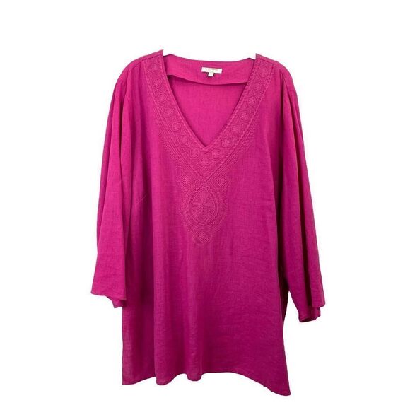 St. Tropez West magenta pink linen blend embroidered blouse Sz 1X boho lagenlook - Picture 1 of 6